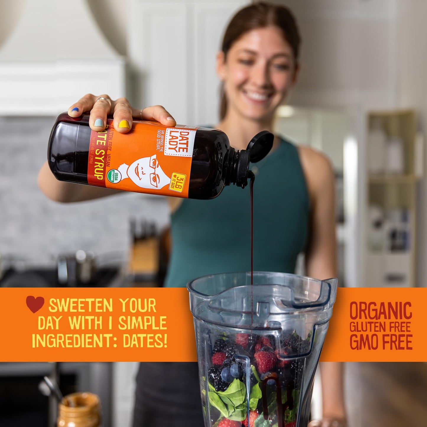 Date Lady Organic Date Syrup 18 oz Squeeze Bottle | Vegan, Paleo, Gluten-free & Kosher | Sugar Substitute | More Nutrition Than Maple Syrup or Honey