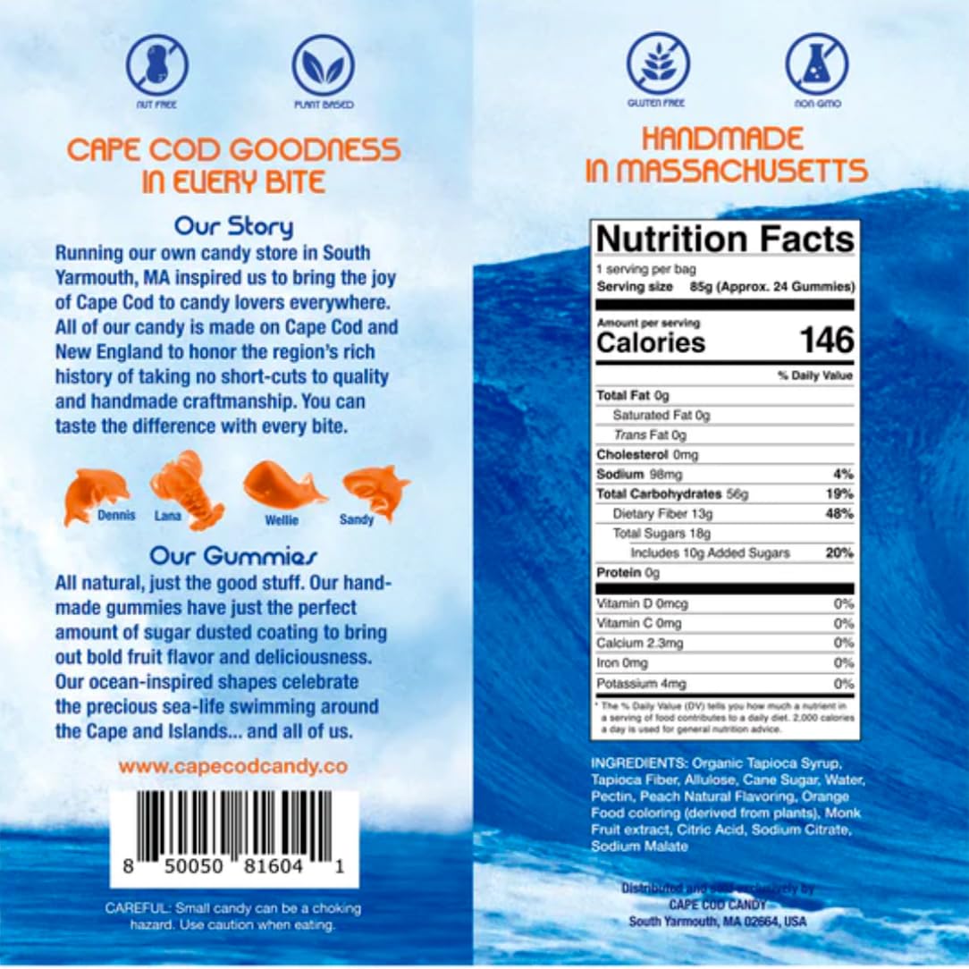 Cape Cod Candy - Ocean Inspired Gummies -All-natural - Peach-3.0 oz per bag (Pack of 6)