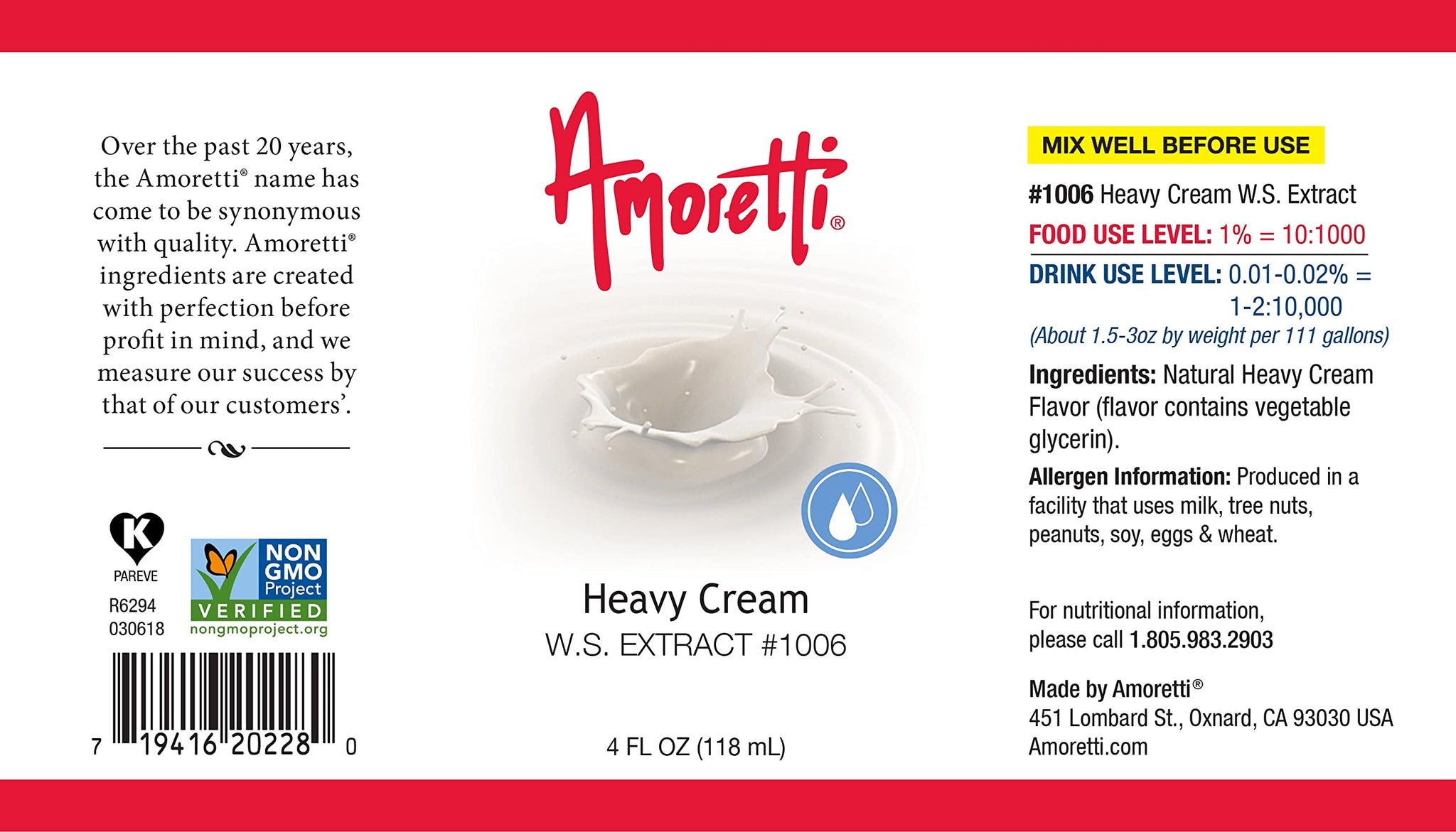 Amoretti - Heavy Cream Extract Water Soluble 2 oz - Highly Concentrated & Perfect For Pastry, Savory, Brewing, and more, Preservative Free, Vegan