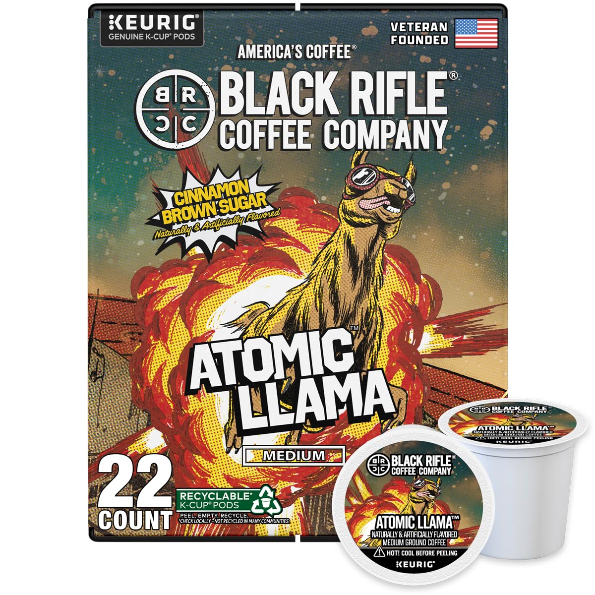 Black Rifle Coffee Company Atomic Llama 22 Count - Medium Roast Cinnamon & Brown Sugar Flavored K Cups - Single-Serve Coffee Pods