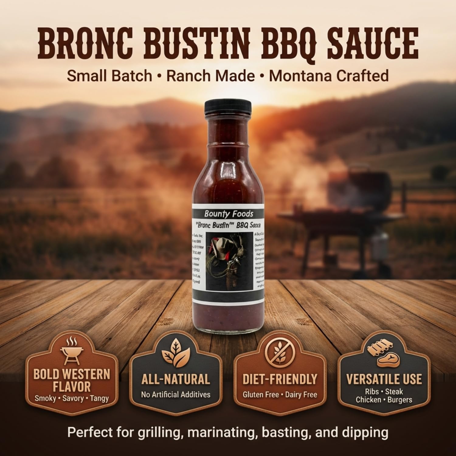 Original Montana BBQ Sauce Western - Gourmet Barberque 12 oz Bronc Bustin' - Bounty Foods - Brings out Natural Flavors of Meat - Pork - Chicken