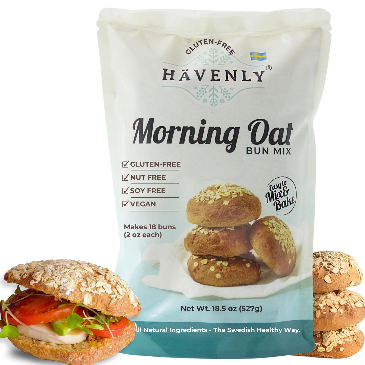 Havenly Morning Oat Bread Mix 18.5 oz. Gluten Free Flour | Vegan, Dairy, Nut, Soy Free | No Knead - Easy to Make | High Fiber, Whole Grain, Gluten Free Organic Oat and Buckwheat flour Ingredients | Baking Yeast Included