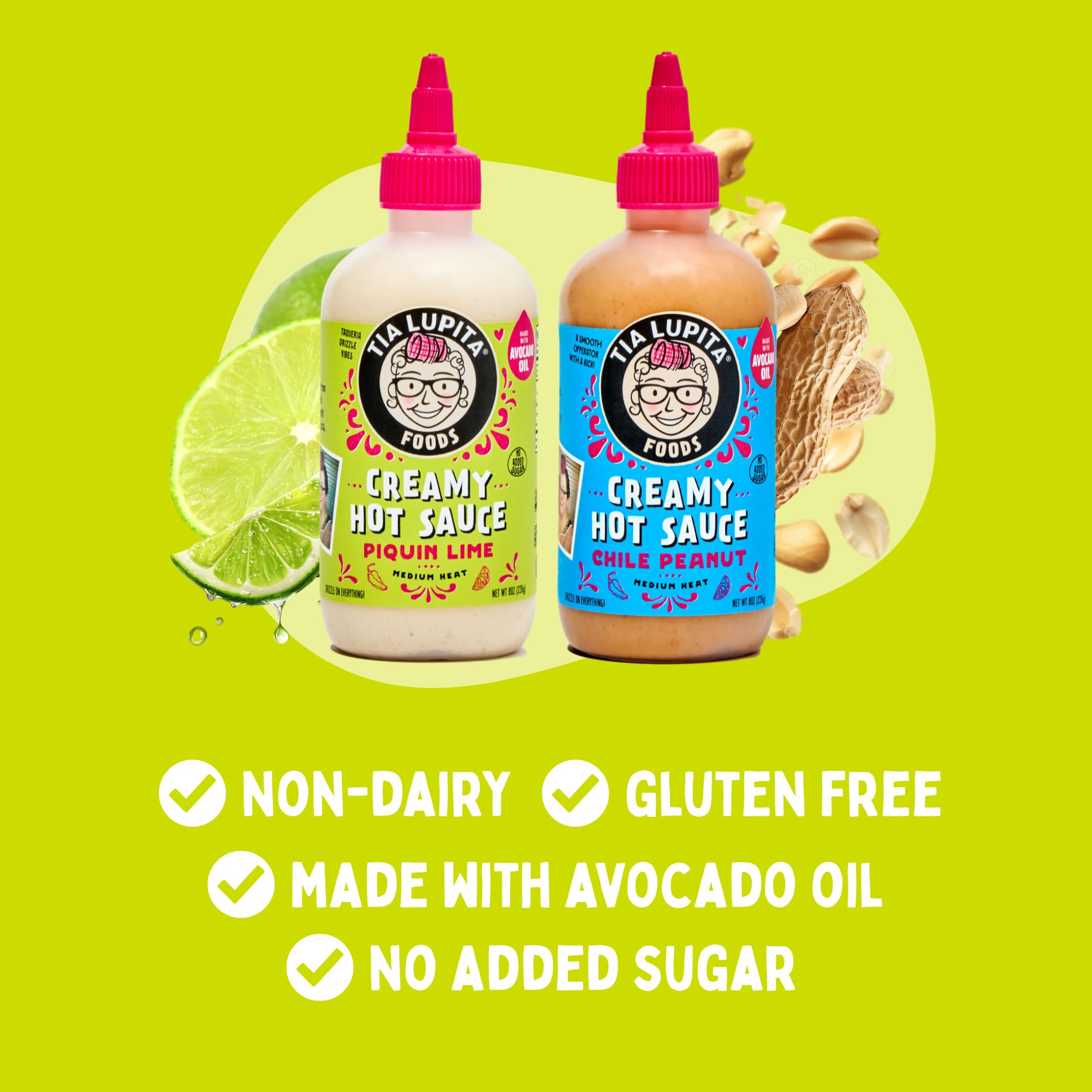 Tia Lupita Creamy Hot Sauce Variety Pack - Chile Peanut & Piquin Lime | Gluten-Free, Non Dairy Made with Avocado Oil, No Added Sugar | 8 Ounce Squeeze