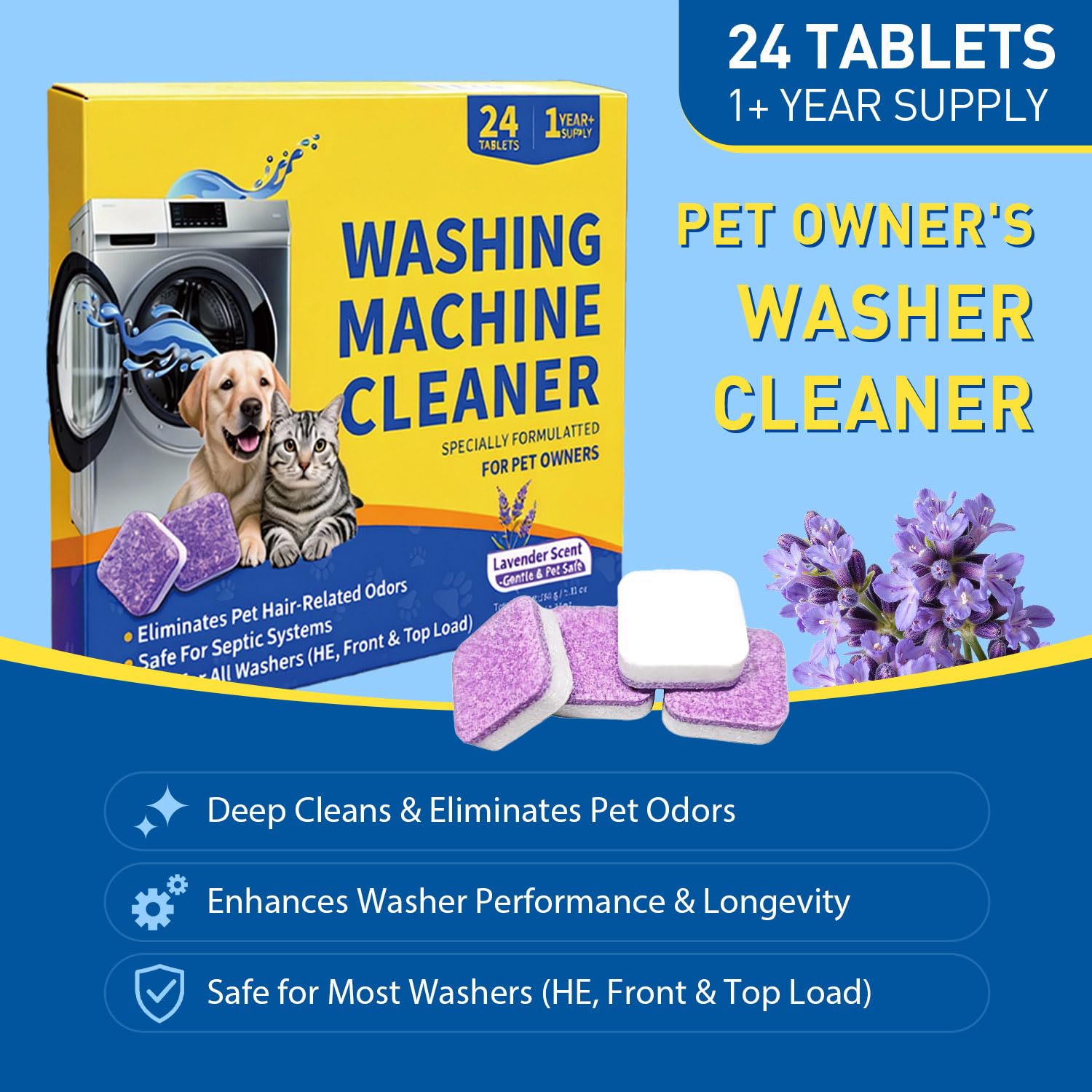 TXYXT 24 Count Washing Machine Cleaner for Pet Hair Relief Tablets - HE-Safe, Septic-Safe, Lavender Scent, 1-Year+ Supply, Pet-Friendly Washer Cleaner