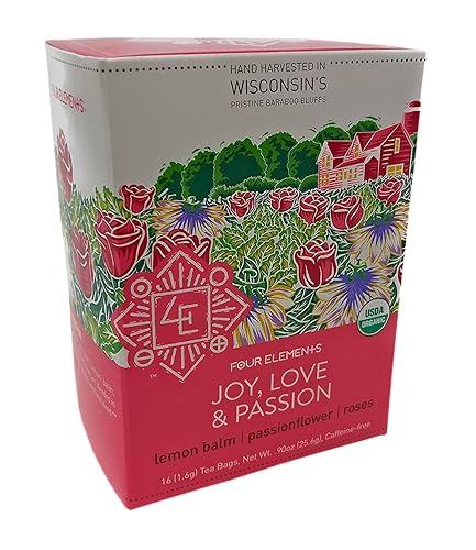 Four Elements 4E Joy, Love & Passion Tea, Blended deliciously with Lemon Balm, Passionflower, Roses, 100% Organic Herbal Caffeine-free Tea, 16