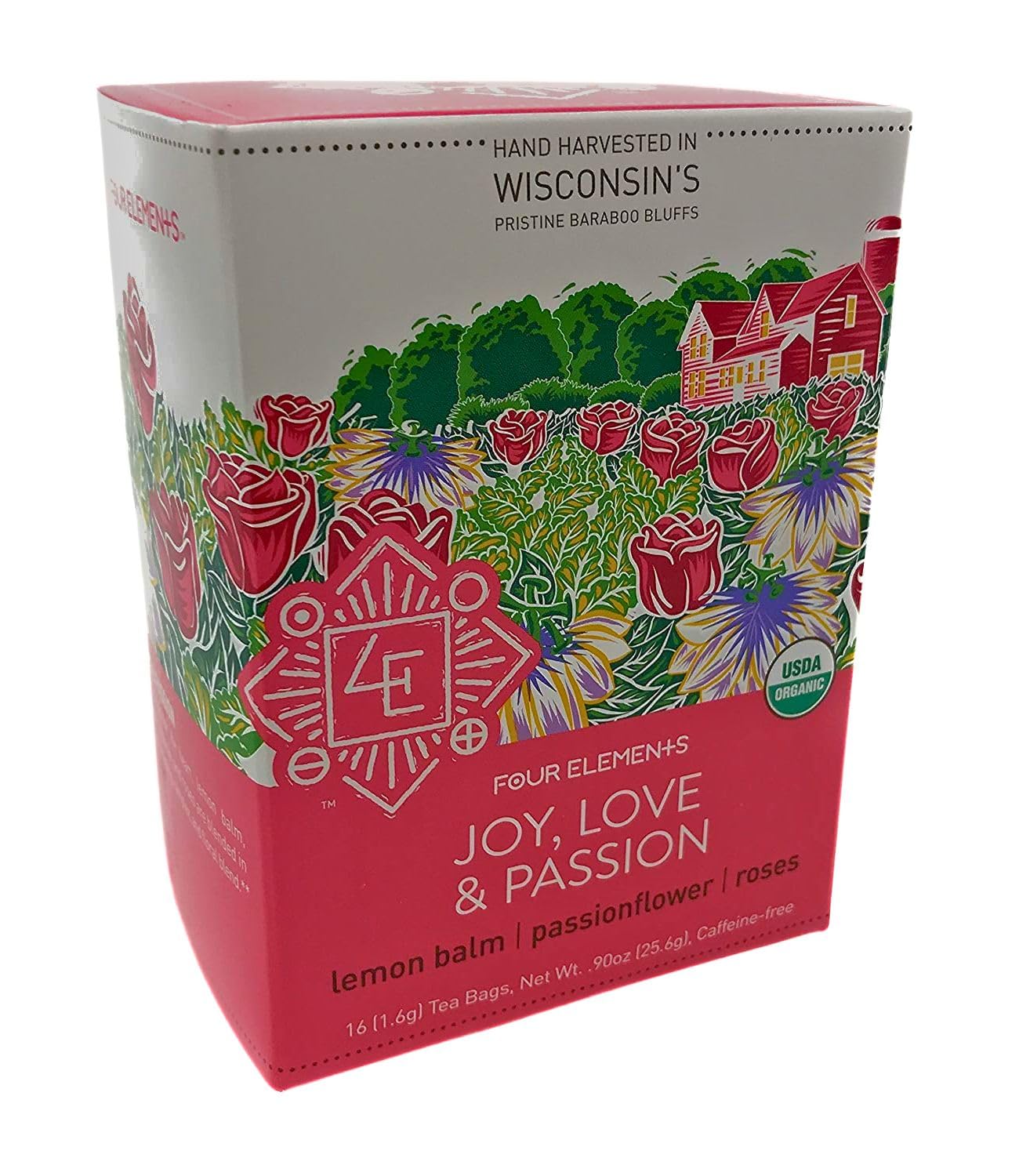 Four Elements 4E Joy, Love & Passion Tea, Blended deliciously with Lemon Balm, Passionflower, Roses, 100% Organic Herbal Caffeine-free Tea, 16
