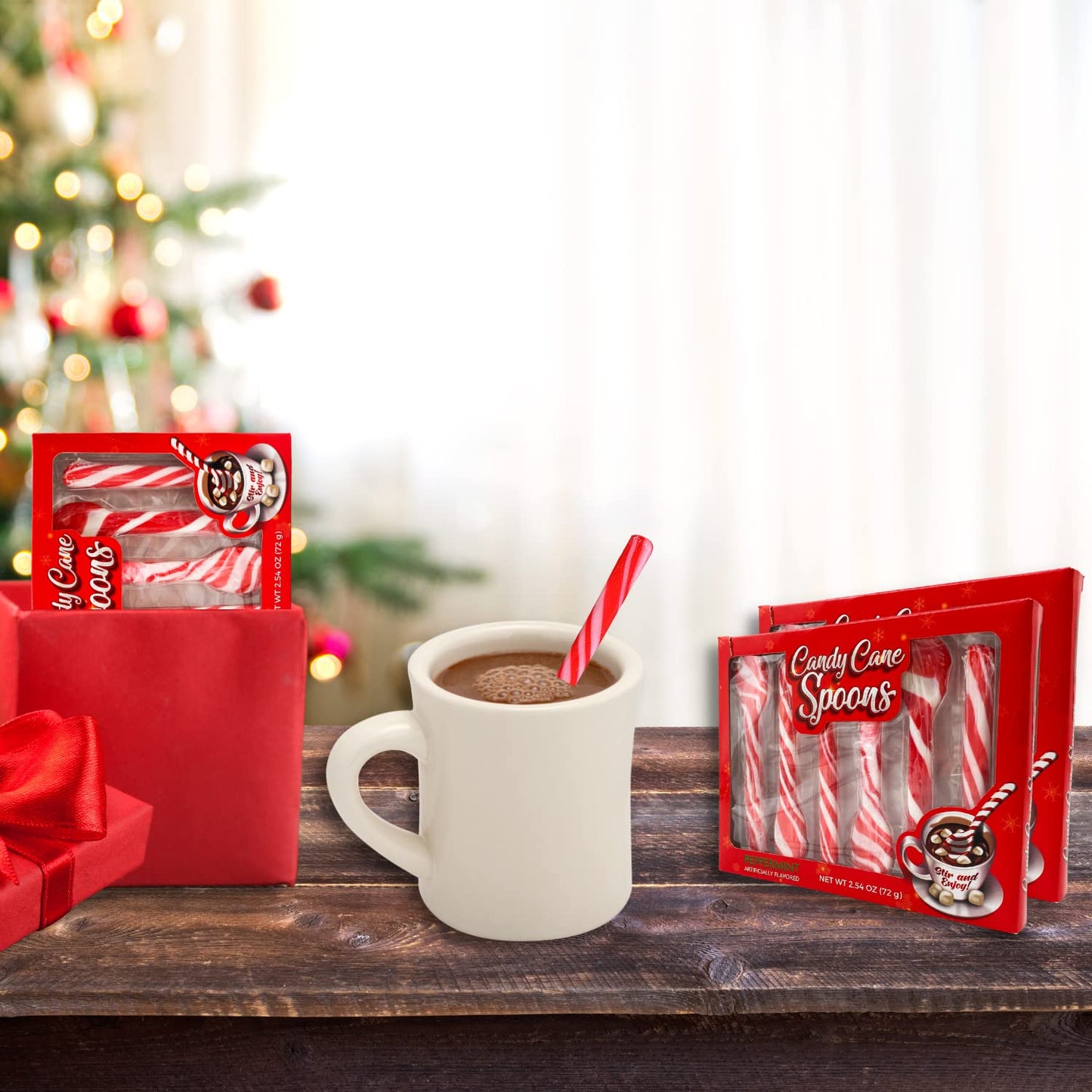 Candy Cane Peppermint Spoons, Edible Stirring Sticks for Hot Chocolate Beverages, Cocoa, Tea, Coffee, Stocking Stuffers Holiday Gifts, 3 Pack, 2.54