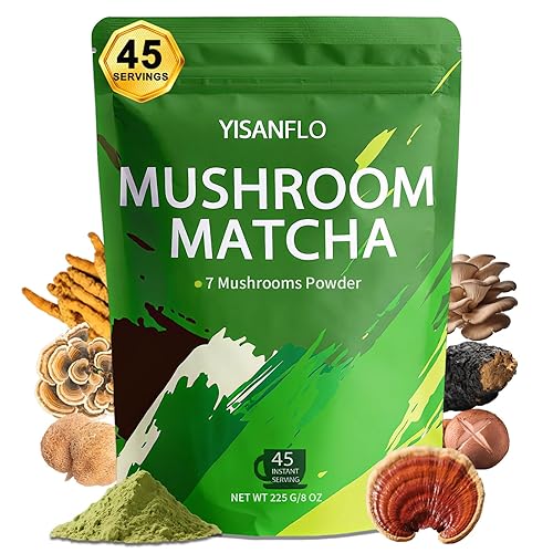 YISANFLO 7-in-1 Mushroom Matcha for Energy, Focus, Digestion, Immunity, Turkey Tail, Shiitake, Lion's Mane, Ceremonial-Grade Matcha Mushroom Powder 8