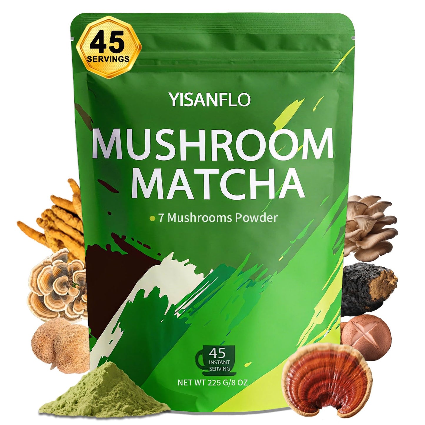 YISANFLO 7-in-1 Mushroom Matcha for Energy, Focus, Digestion, Immunity, Turkey Tail, Shiitake, Lion's Mane, Ceremonial-Grade Matcha Mushroom Powder 8