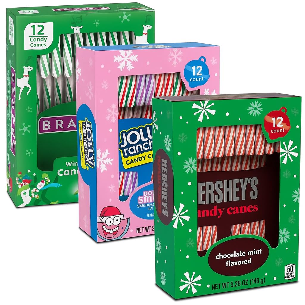 Christmas Candy Canes Stocking Stuffer Bulk Pack - 36 Piece Variety Set (3 Dozen) -Brech's Wintergreen, Chocolate Mint, Jolly Ranchar Bold Fruit