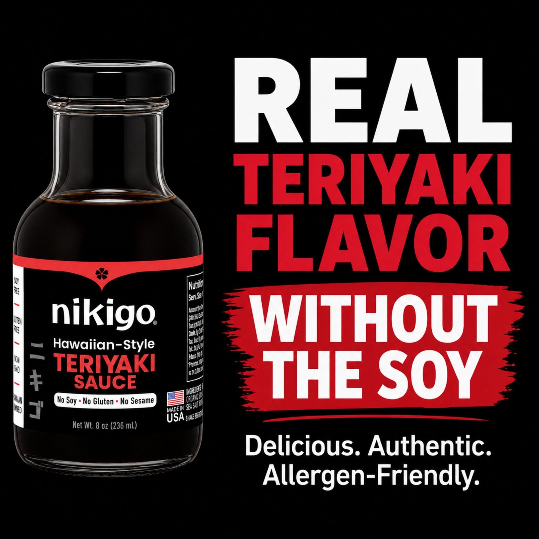 NIKIGO Hawaiian-Style Teriyaki Sauce - Premium Soy Free Teriyaki Sauce, Allergen-Friendly, Rich Umami Taste, Simple & Clean Ingredients, Authentic