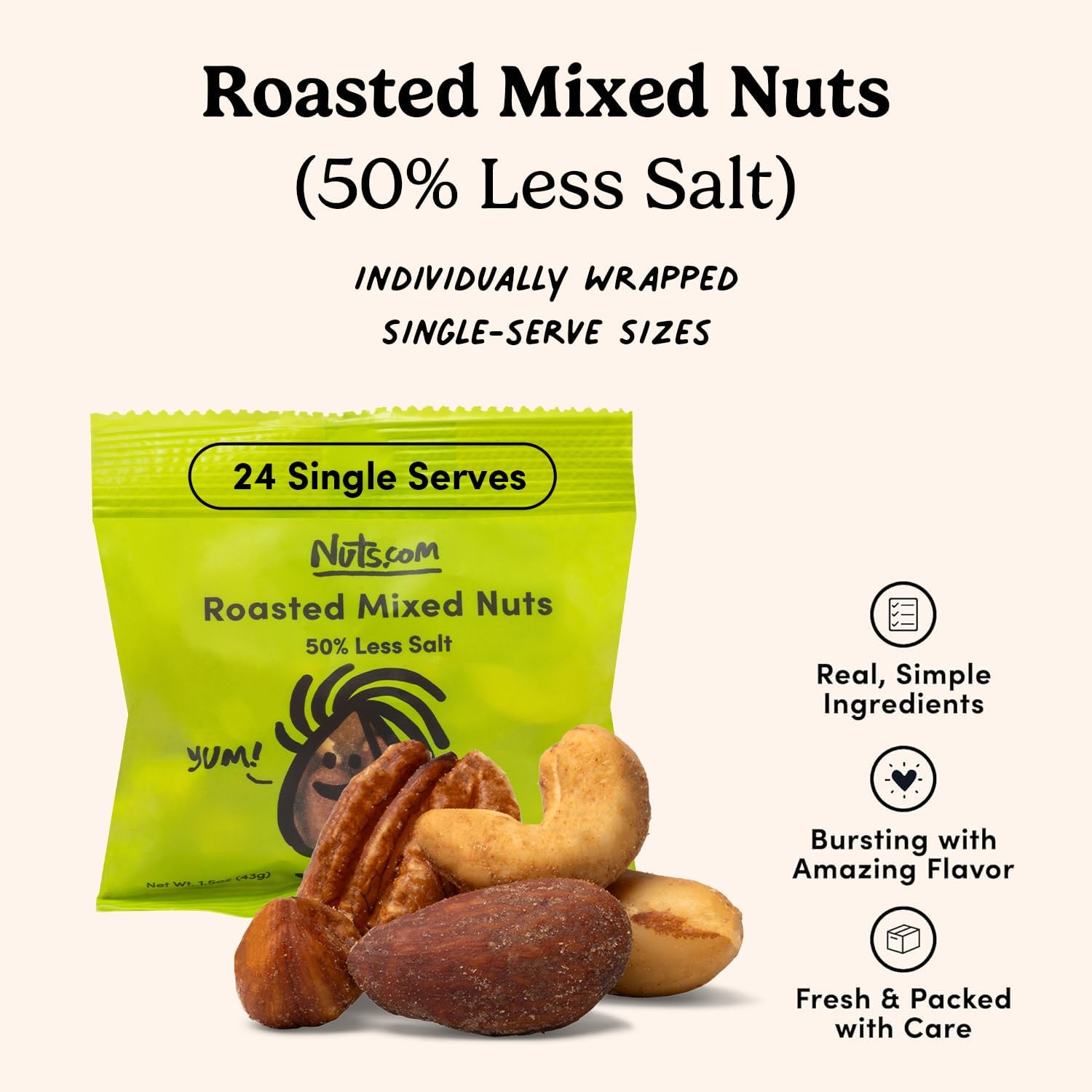 Nuts.com Roasted Mixed Nuts (50% Less Salt) - 24 Single Serve Snack Packs - Almonds, Cashews, Pecans, Brazil Nuts, Hazelnuts - Gluten-Free, Kosher, No
