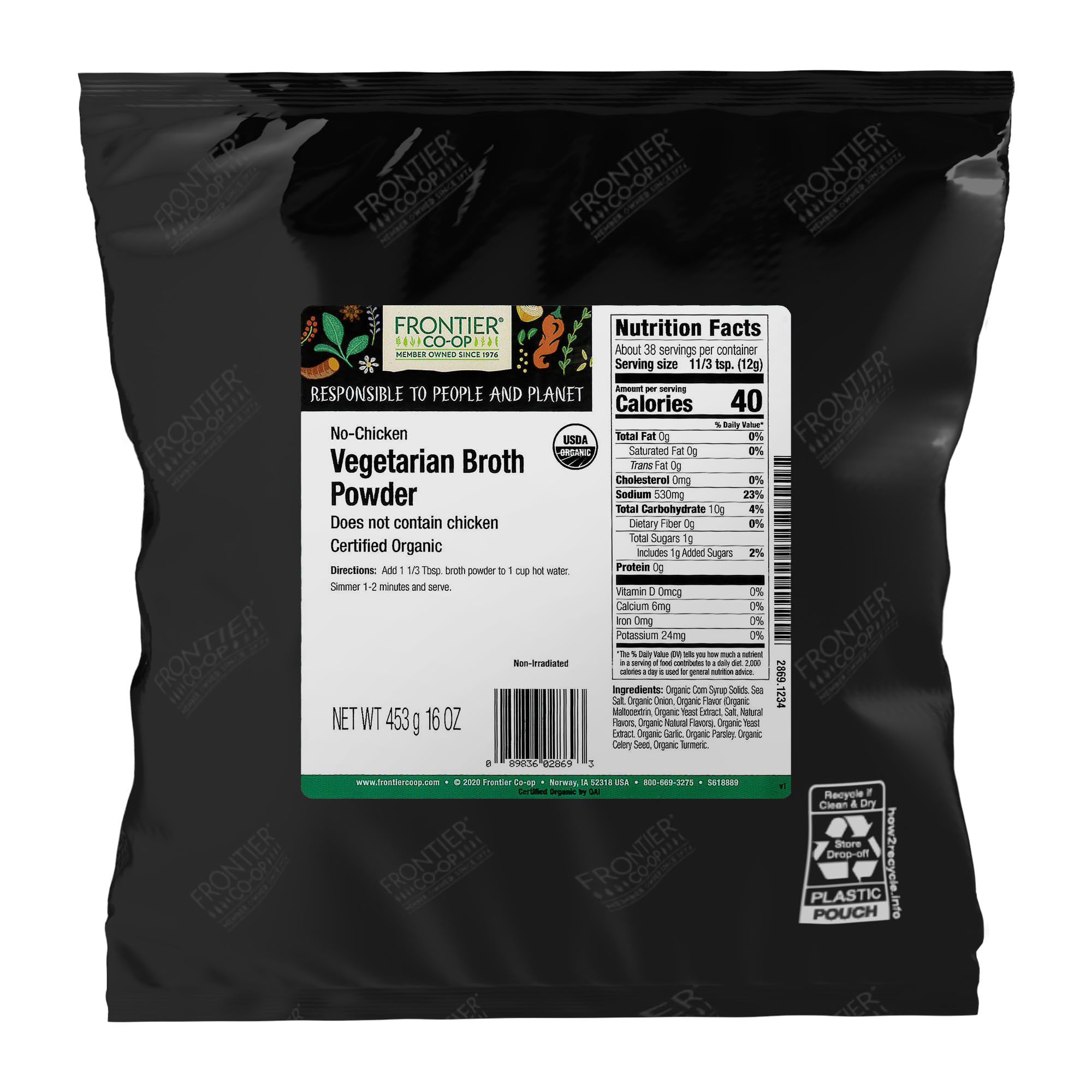Frontier Co-op Organic No-Chicken Vegetarian Broth Powder, Bulk Bag, Organic Vegetable Soup Base Mix for Soups, Stews, Hot Drinks, Restaurant Supply |
