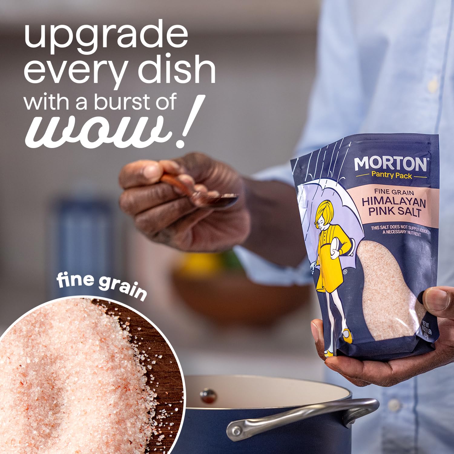 Morton Himalayan Pink Salt Fine Grain, All-Natural Pink Himalayan Salt, 1 lb Resealable Pouch, Ideal for Cooking, Baking, Seasoning & Everyday Use