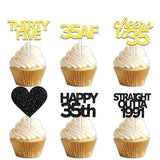 18pcs Black Gold Glitter Dessert Cupcake Pick for Straight Outta 1991 Cheer to 35 Years Old Theme Decor Supplies Happy 35th Birthday Party Decoration