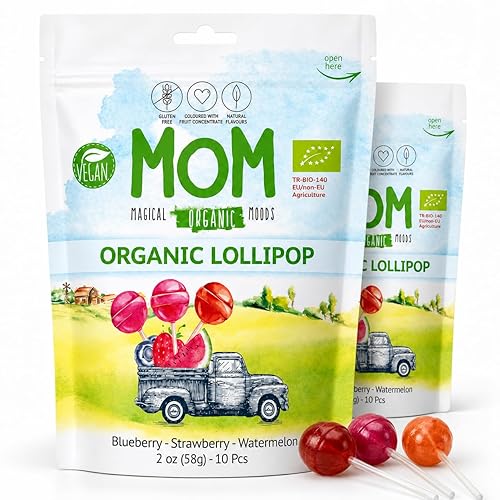 UNIQBITE Organic Lollipops, Vegan Gluten Free Pops with Strawberry Blueberry Watermelon Fruit Flavors, Natural Dye Free Suckers, Individually Wrapped