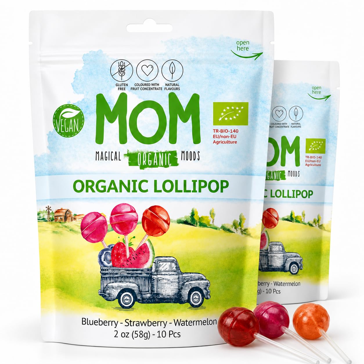 UNIQBITE Organic Lollipops, Vegan Gluten Free Pops with Strawberry Blueberry Watermelon Fruit Flavors, Natural Dye Free Suckers, Individually Wrapped