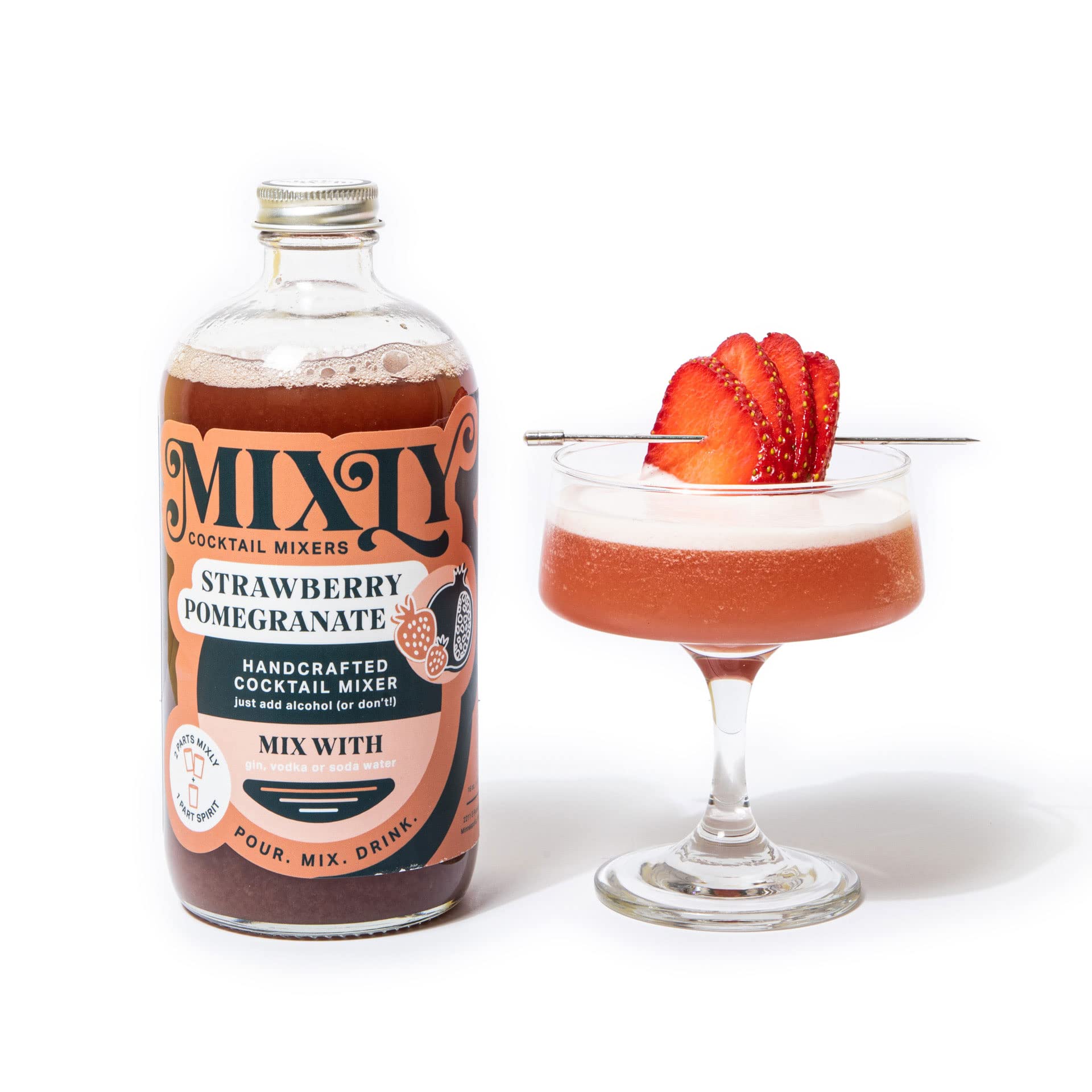Mixly Strawberry Pomegranate Mixer, Made with Fresh Squeezed Juice, Ready to Drink, Use with Vodka, Tequilla, Soda Water, 16 oz.