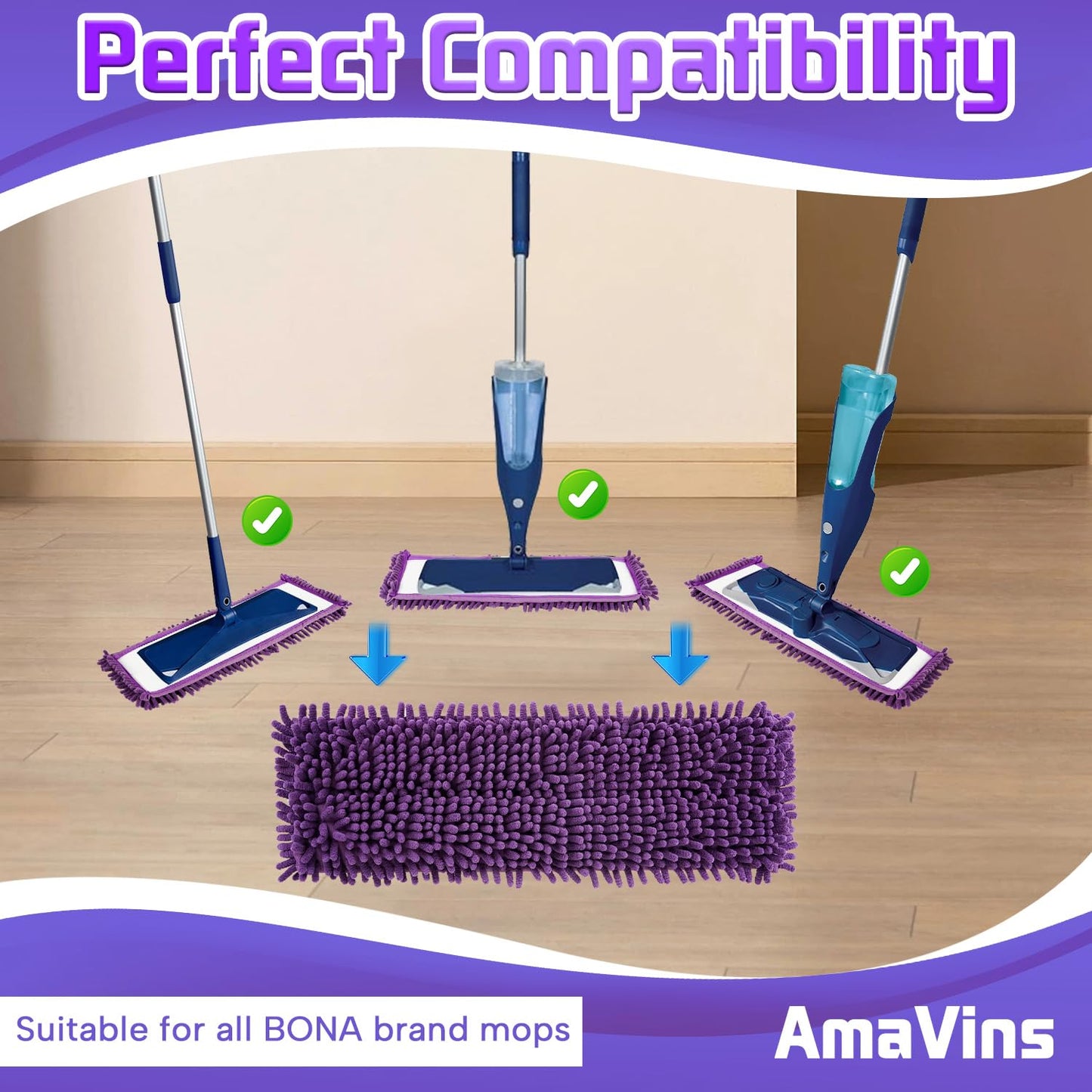 AmaVins 2 Pack Pet System Microfiber Sweeping Pad, Reusable Pet Replacement Mop Pad for Bona Mop & Multi-Surface Floors, 18 Inch Washable Cleaning