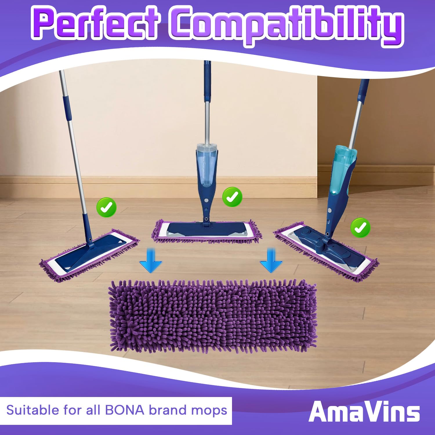 AmaVins 2 Pack Pet System Microfiber Sweeping Pad, Reusable Pet Replacement Mop Pad for Bona Mop & Multi-Surface Floors, 18 Inch Washable Cleaning
