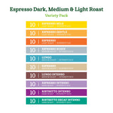 Amazon Fresh Espresso Dark, Medium & Light Roast Aluminum Capsules, Variety Pack, Compatible with Nespresso Original Brewers, 100 Count (10 Packs