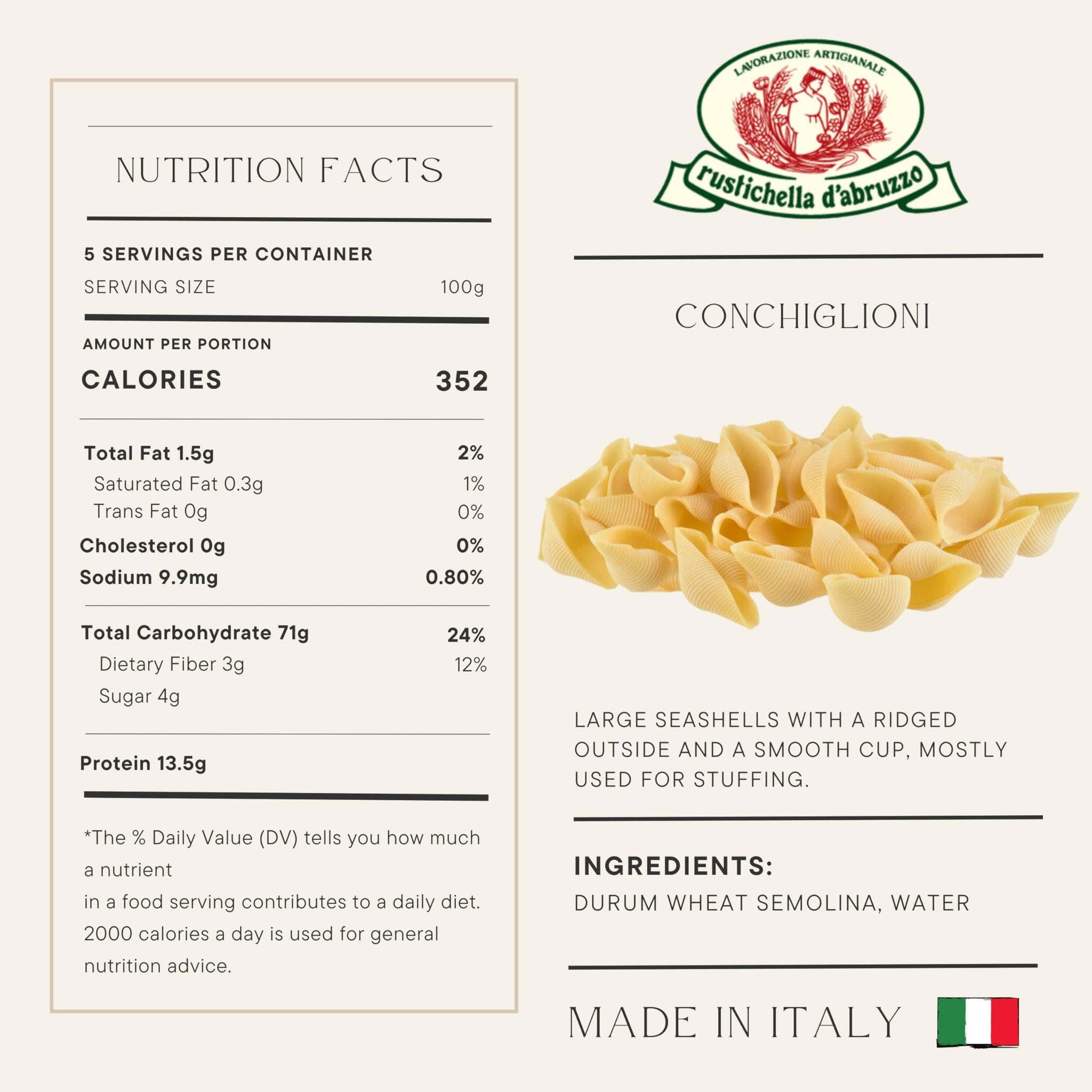 Rustichella d'Abruzzo Conchiglioni - 500g Large Shell Pasta - Ideal for Stuffing - Classic Durum Wheat Pasta from Italy