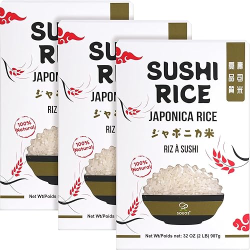 Soeos Japonica Sushi Rice 2 Pound (Pack of 3), Short Grain Rice, Gluten-Free, Non-GMO White Japanese-Style Sticky Rice, Perfect for Sushi Rolls, Rice Bowls, and Mochi