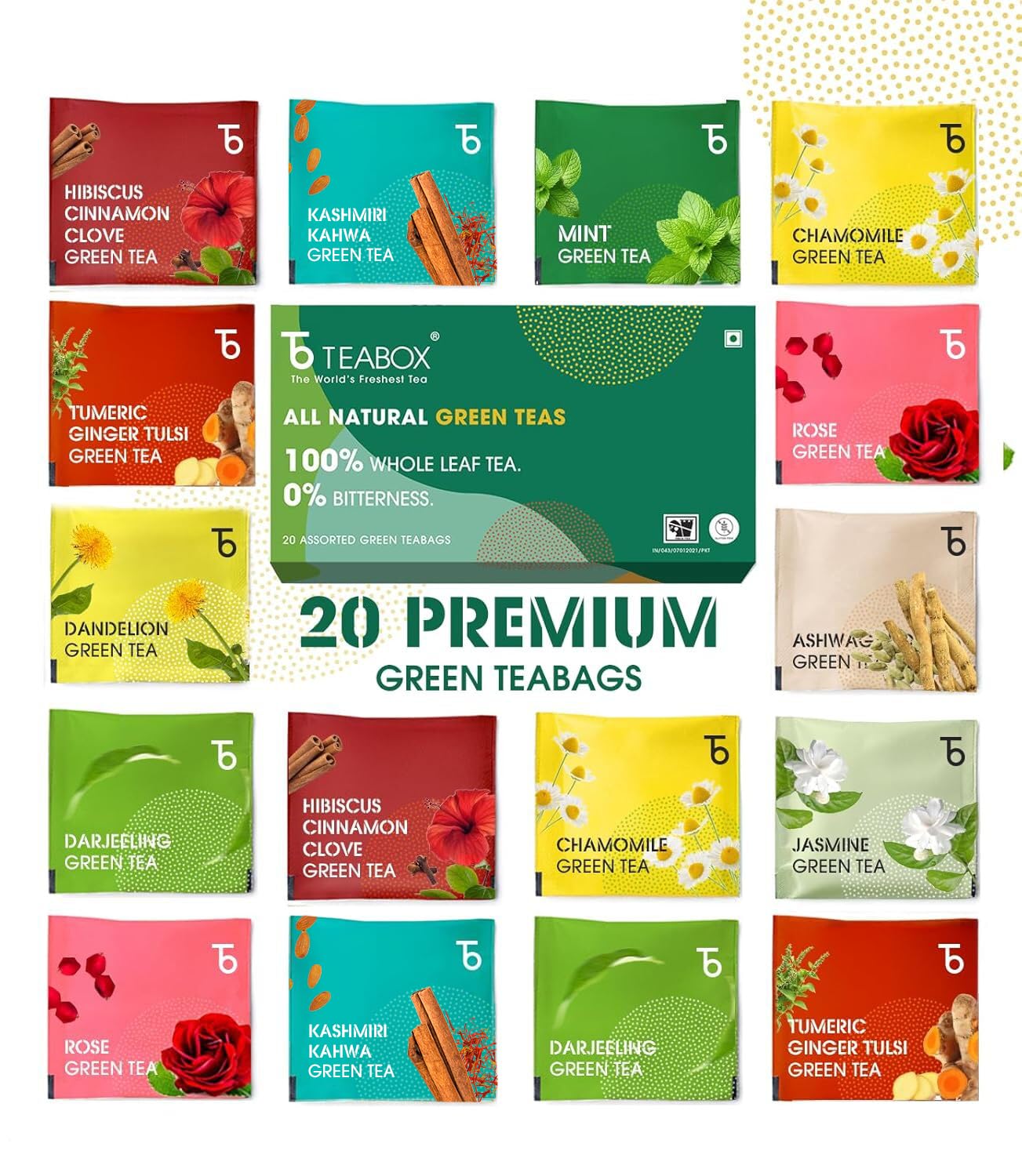 Teabox Green Tea Sampler Bags | 100% Natural I Immunity Boosting Sampler Pack | USDA Certified Organic Green Tea (20 Count (Pack of 1))