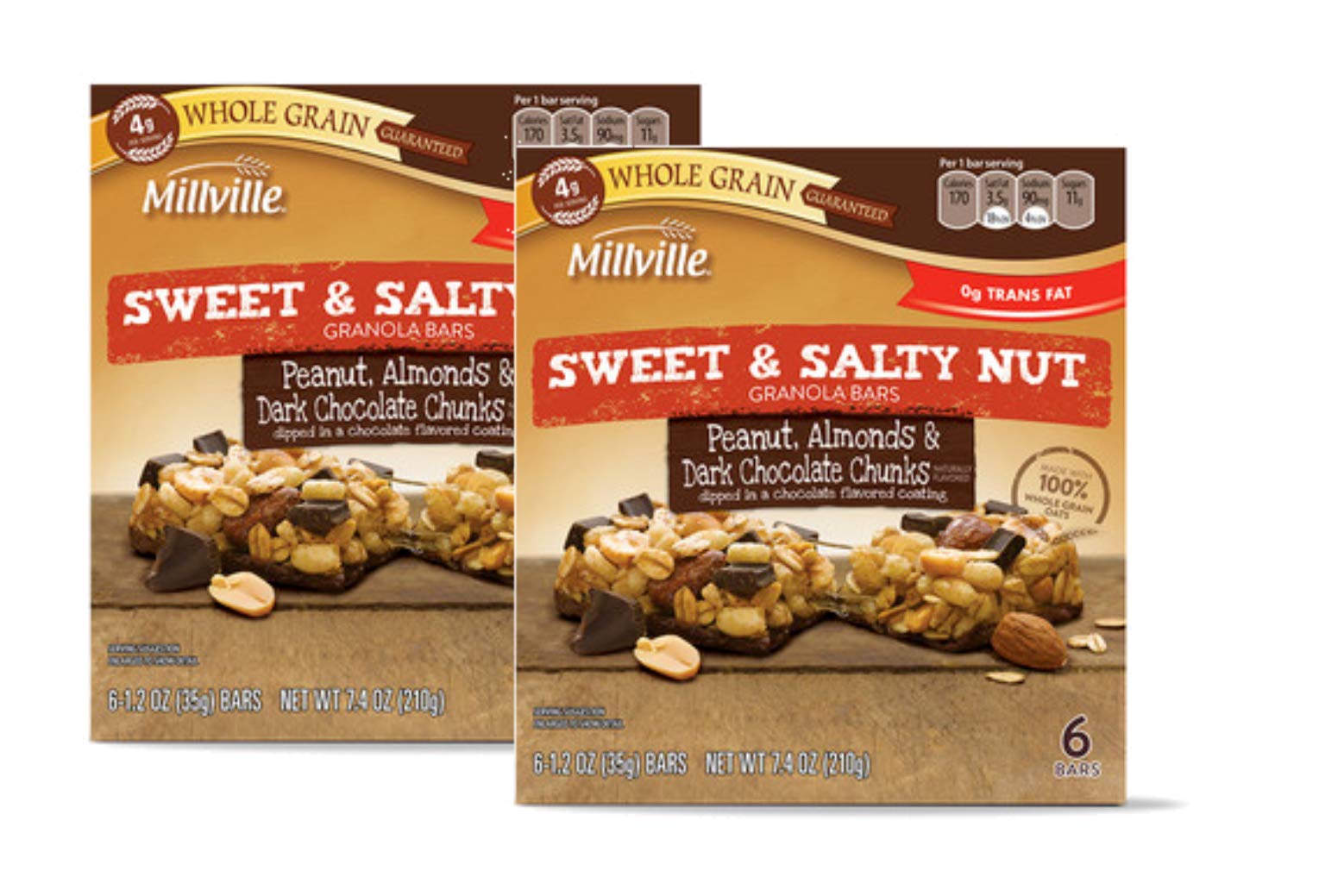 Millville Whole Grain Sweet & Salty Peanut, Almond & Dark Chocolate Chunk Naturally Flavored Coated Chewy Granola Bars - 12 ct.