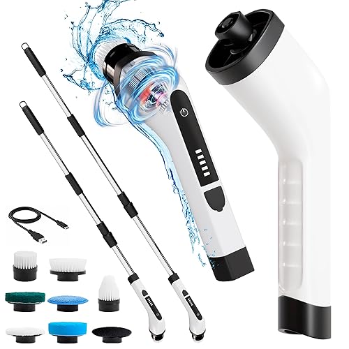 Amiff 7-in-1 Electric Bathroom Scrubbing Brush, 2500 mAh. Telescopic Bathtub Scrubber with Long Handle. Powerful Electric Bathtub Scrubber. Portable