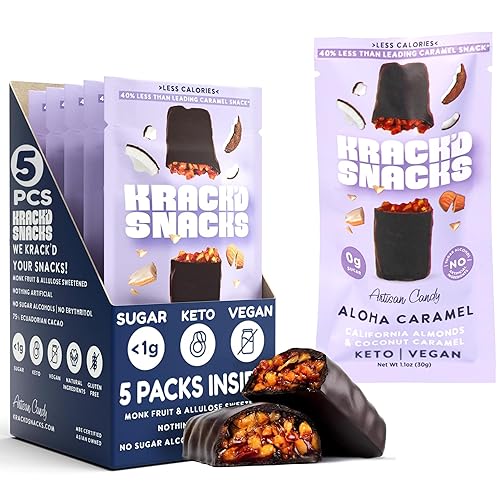 Krack’d Snacks Keto Chocolate Snack Bars - Low Carb, Vegan Chocolate with Almonds and Coconut Caramel - Gluten Free, Sugar Free (Dark Chocolate Aloha