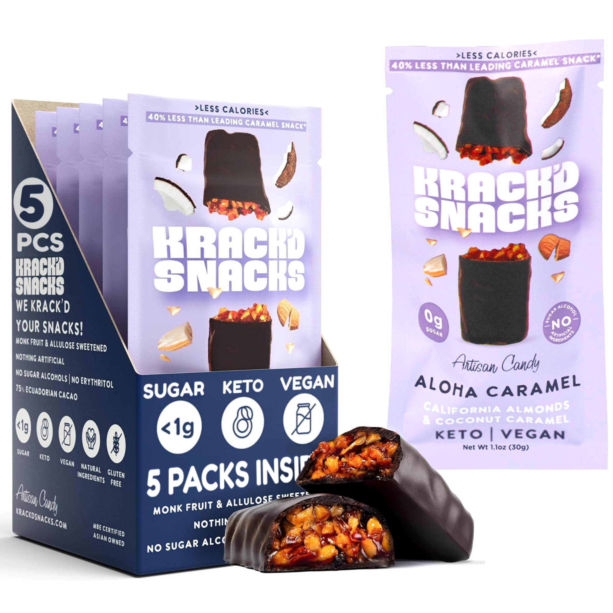Krack’d Snacks Keto Chocolate Snack Bars - Low Carb, Vegan Chocolate with Almonds and Coconut Caramel - Gluten Free, Sugar Free (Dark Chocolate Aloha