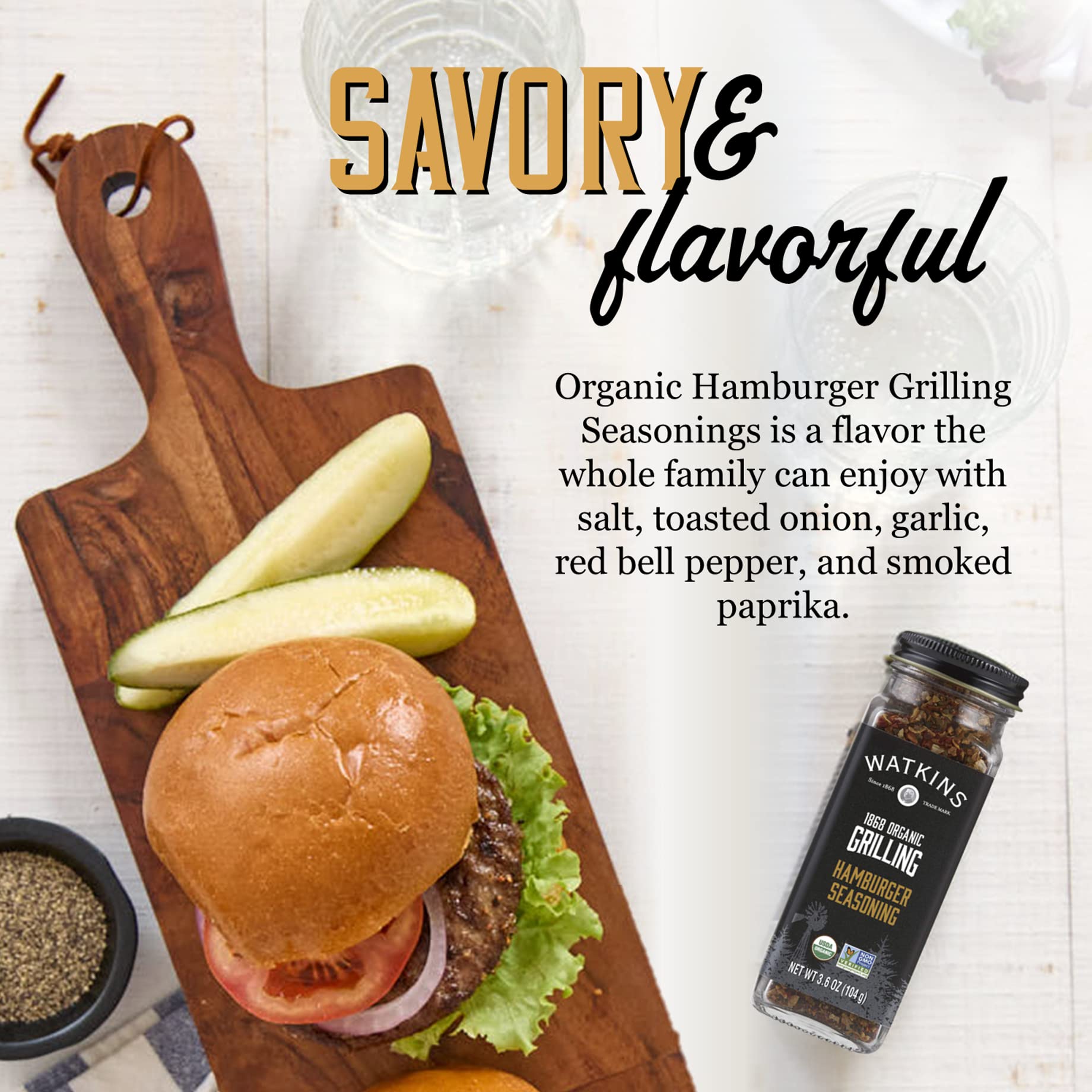 Watkins Organic Grilling Hamburger Seasoning, Non-GMO, Kosher, 3.6 Oz, 1-Pack