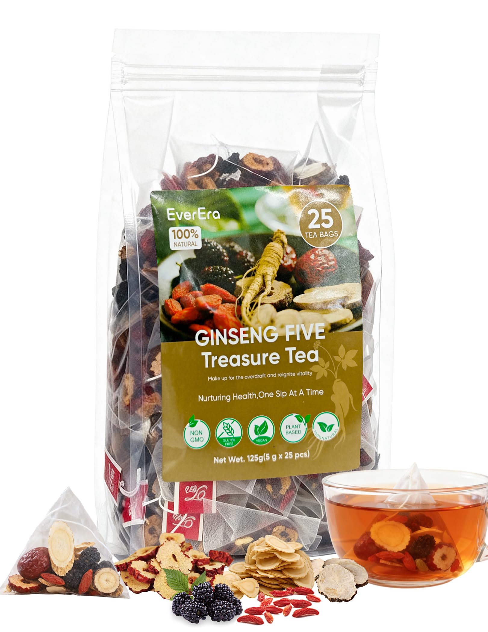 EverEra Ginseng Five Treasures Kidney Tea, Natural Organic Chinese Herbal Tea Bags for Men & Women, Kidney Cleanse Detox Tea with 5 Ingredients