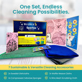 Blumix Ultimate Cleaning Kit - 7 Items: 2 Swedish Dishcloths, 2 Compressed Cellulose Sponges, 2 Glass Cleaning Cloths, 1 Mesh Scrubbing Cloth (No