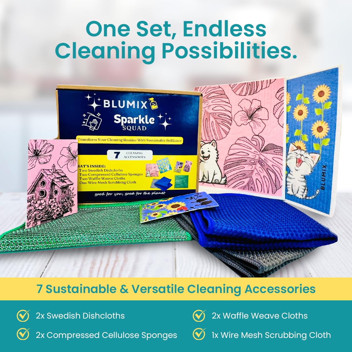 Blumix Ultimate Cleaning Kit - 7 Items: 2 Swedish Dishcloths, 2 Compressed Cellulose Sponges, 2 Glass Cleaning Cloths, 1 Mesh Scrubbing Cloth (No