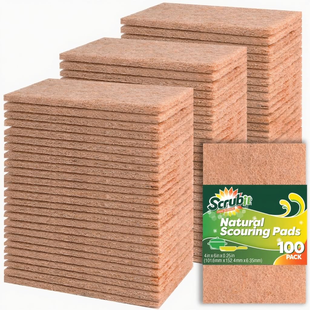 SCRUBIT 100 Pack Natural Scouring Pads - Heavy Duty Scrubbing Pads for Dishes - Non-Scratch - Reusable - Natural, Eco-Friendly, Biodegradable Sisal