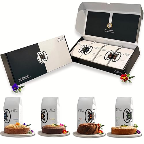 Flour & Olive 4-Pack Premium Cake Mix Gift Set: Almond, Chocolate, Ginger, Vanilla | Global Gourmet Artisan Baking Kit | Award-Winning Variety Pack