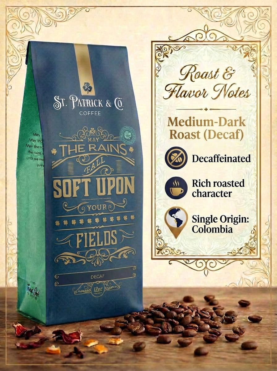 Thank God for Coffee - May The Rains Fall Soft Upon Your Fields, Decaf Ground Coffee, Single Origin Colombian Arabica, Smooth & Smoky Dark Roast