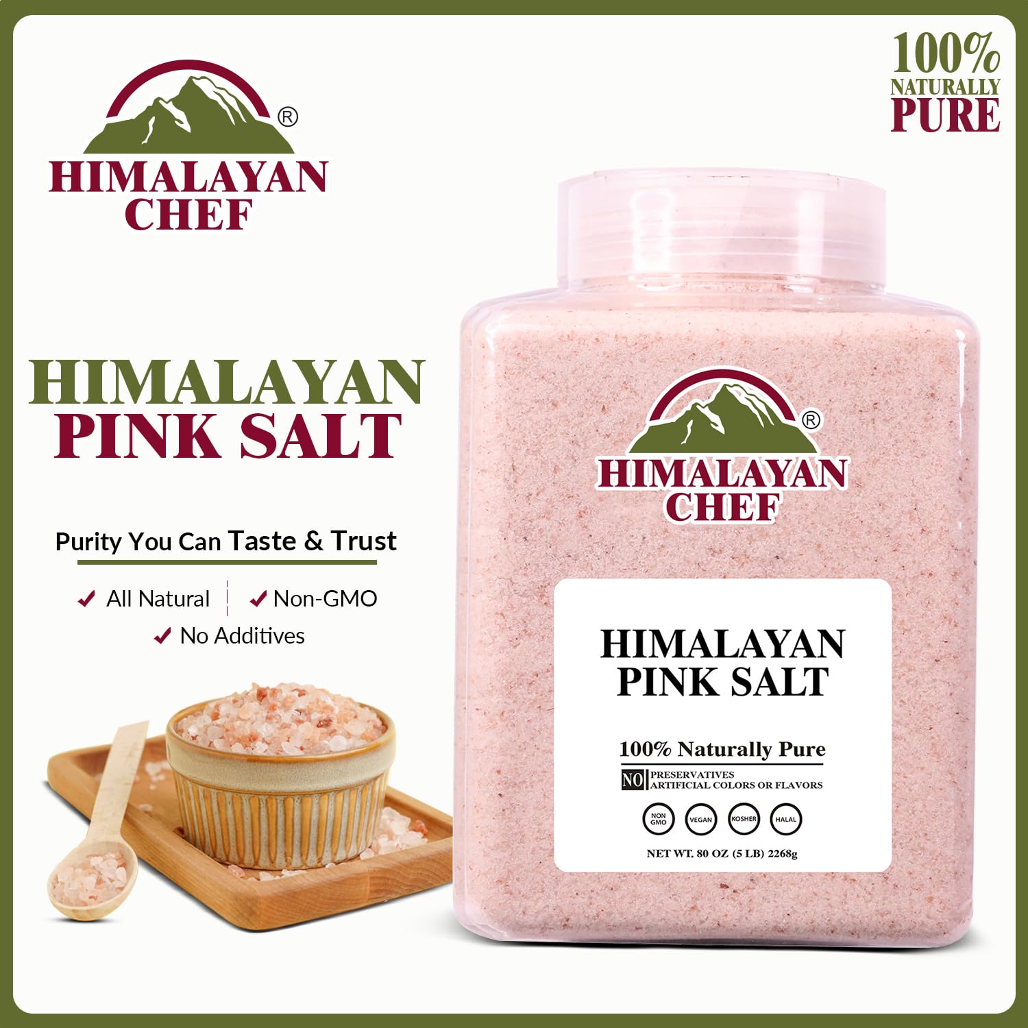 Himalayan Chef Pink Salt Fine Plastic Jar 5 Lbs, Pure 100% Natural Gourmet Pink Salt, Add Essential Minerals | Perfect for cooking & Seasoning, Pack
