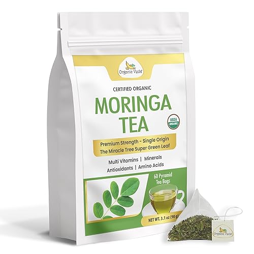 Organic Veda Moringa Tea 60 Pyramid Bags - True Green Single Origin USDA Organic Moringa Leaf Tea - cleanse, digest, metabolism, energy - Premium