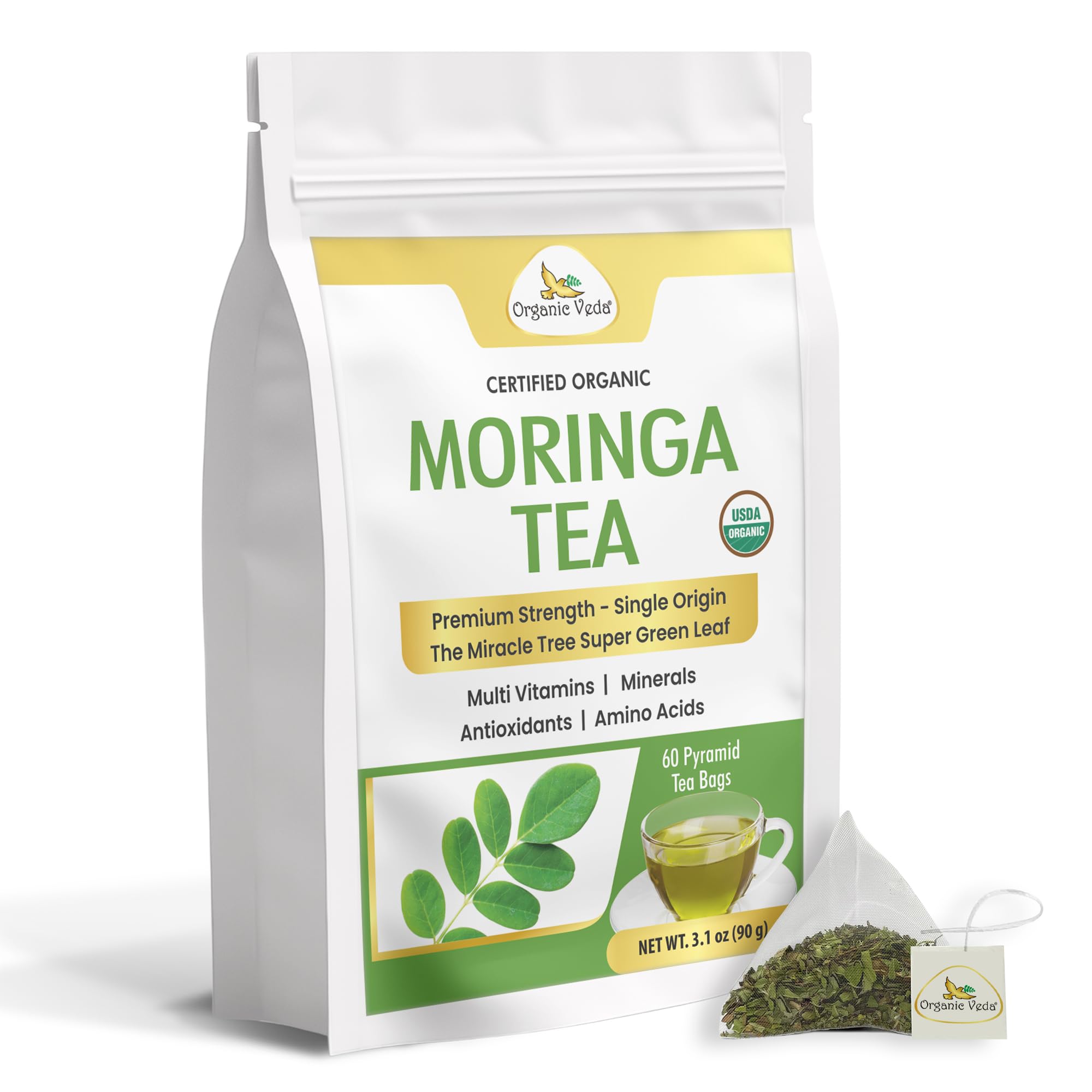 Organic Veda Moringa Tea 60 Pyramid Bags - True Green Single Origin USDA Organic Moringa Leaf Tea - cleanse, digest, metabolism, energy - Premium