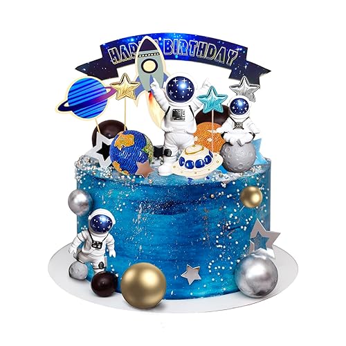 Ayearparty 32 Pcs Space Cake Toppers Outer Space Cake Decorations Astronaut Figurines Planet Rocket Stars and Satellite Pearl Balls DIY Cake Toppers
