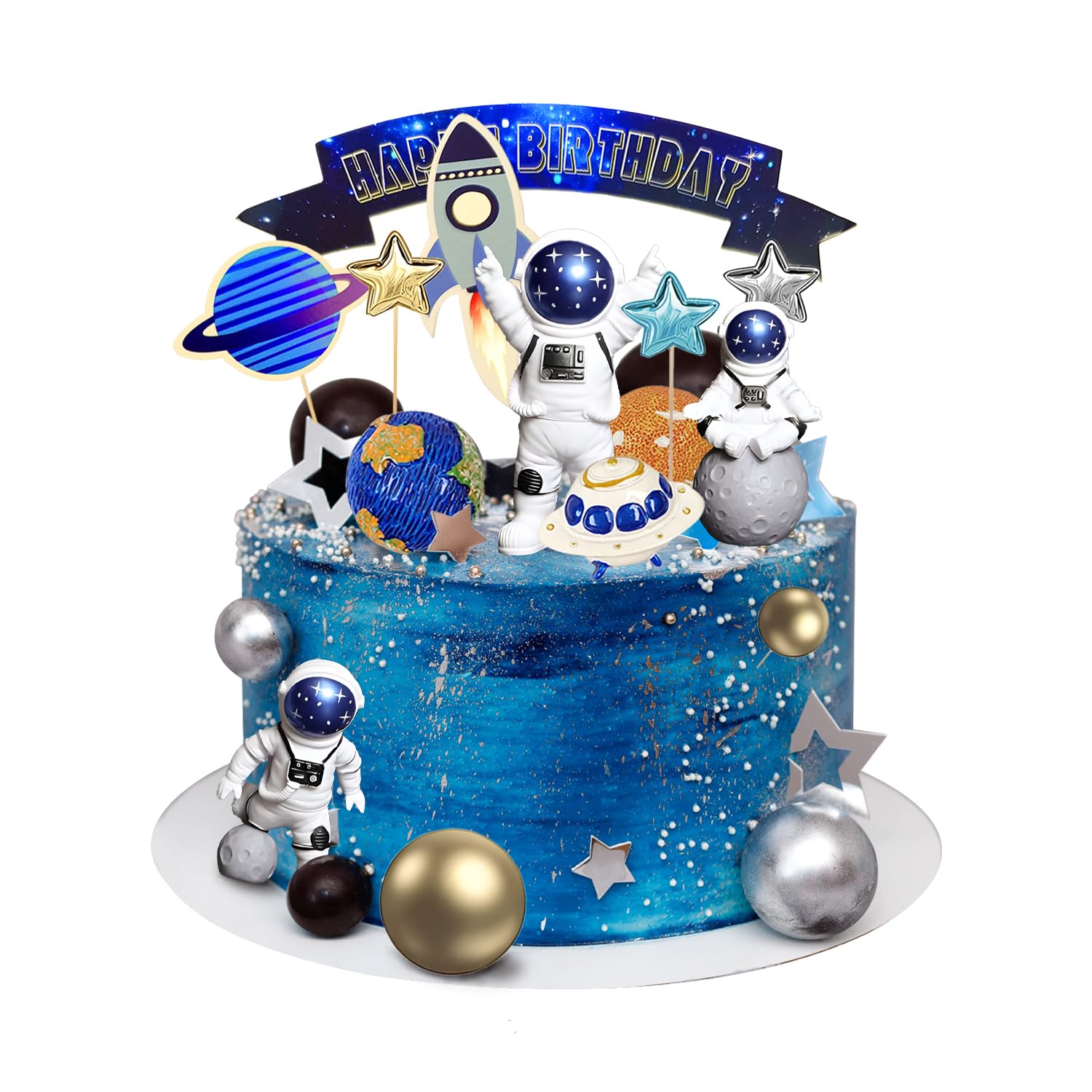 Ayearparty 32 Pcs Space Cake Toppers Outer Space Cake Decorations Astronaut Figurines Planet Rocket Stars and Satellite Pearl Balls DIY Cake Toppers