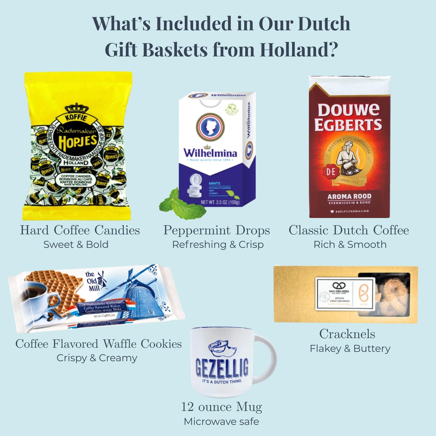 deReuze Netherlands Snack Box Including European Ground Coffee Candy and Wafer Cookies Breath Mints Snack Pack with Gezellig Mug Imported Dutch Gift