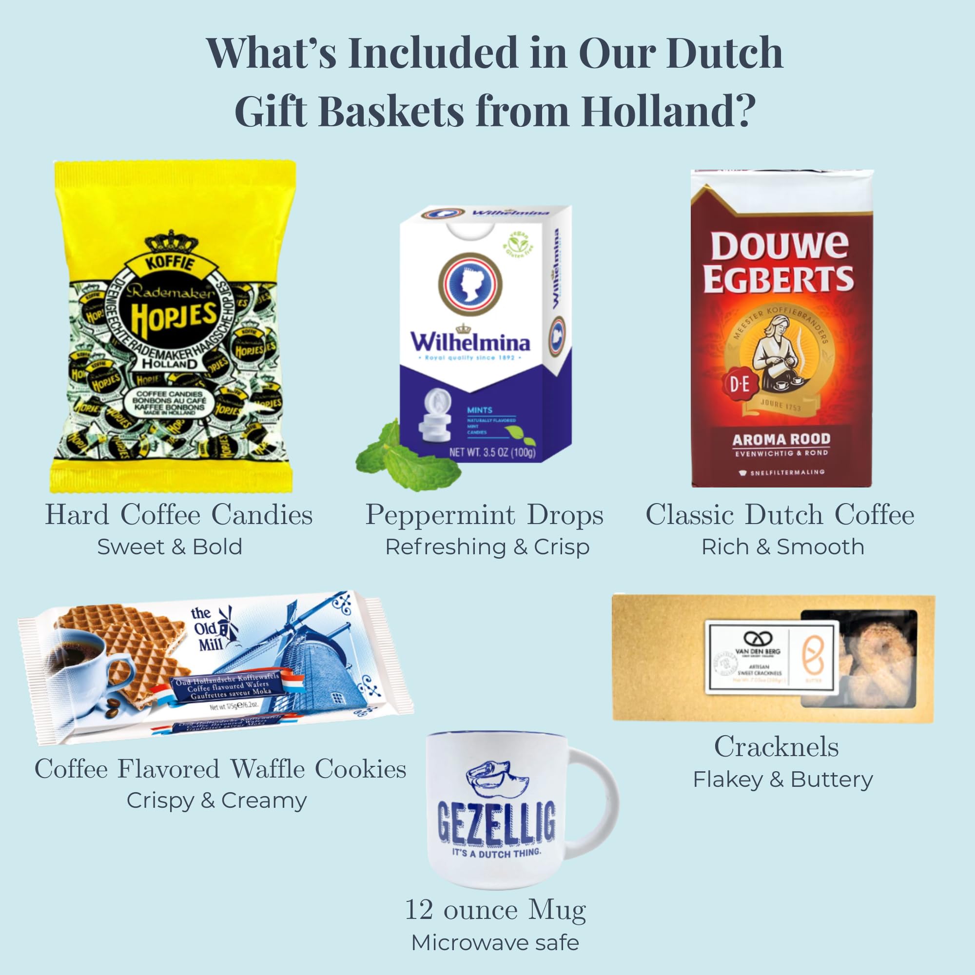 deReuze Netherlands Snack Box Including European Ground Coffee Candy and Wafer Cookies Breath Mints Snack Pack with Gezellig Mug Imported Dutch Gift