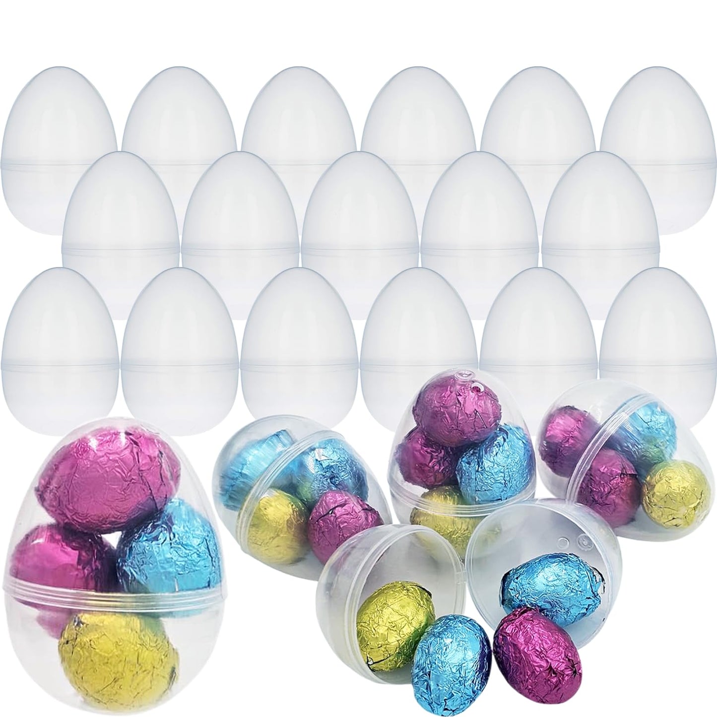 Chochkees Fillable Transparent Easter Eggs with Hinge Bulk Clear Bright Plastic Easter Eggs, Perfect for Easter Egg Hunt, Surprise Egg, Easter Hunt