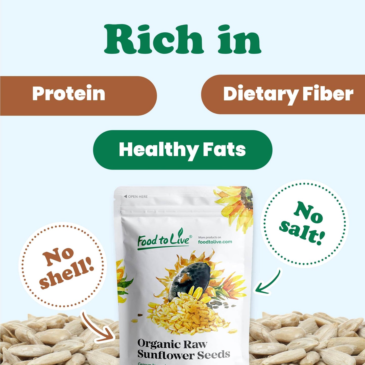 Food to Live - Organic Sunflower Seeds, 8 Ounces - Hulled, Raw, Non-GMO, Dried Kernels, Unsalted, Kosher, Vegan, Keto, Paleo, Sirtfood, Bulk
