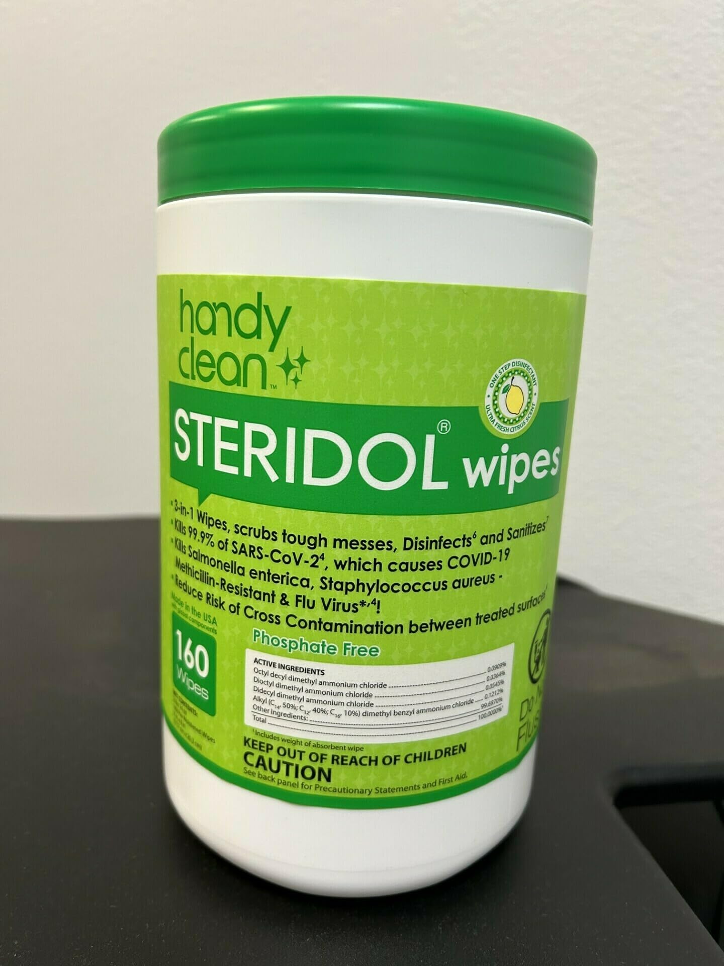 Steridol Wipes Canister, Hard Surface Wipes Multipurpose Cleaning 160 Count Fresh Lemon Scent Industrial Grade For Business Use