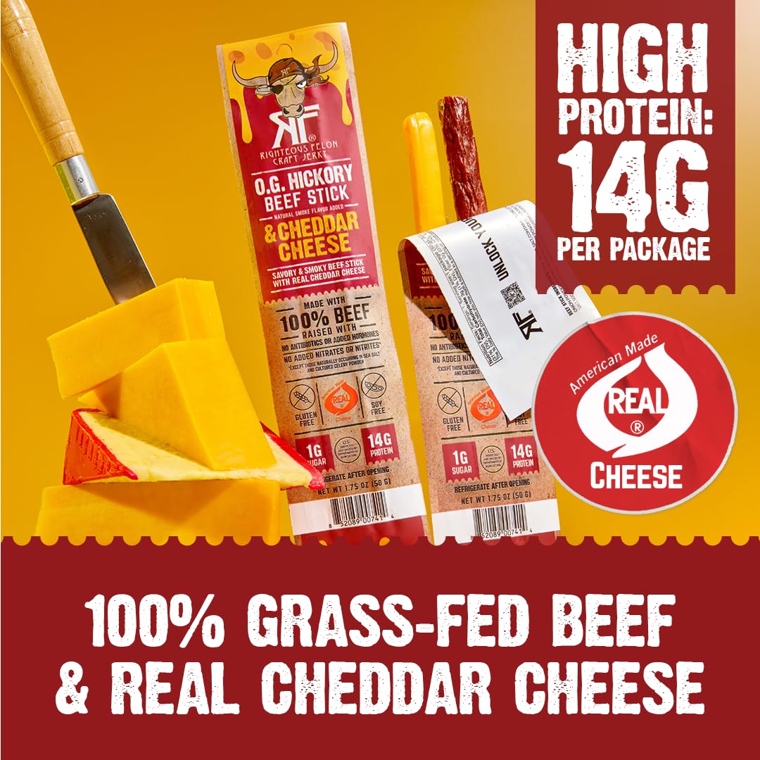 Righteous Felon O.G. Hickory Beef & Cheddar Cheese Sticks, 14g Protein, Shelf Stable Meat and Cheese Snack, 100% Grass-Feed Beef, Individually Wrapped